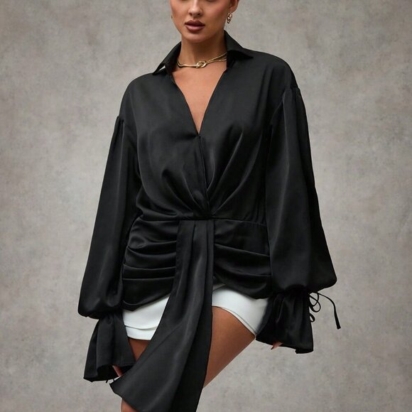Black Elegant Women's Asymmetric Pleated Draped Puff Sleeves Ruffled Lace Shirt - Picture 6 of 6